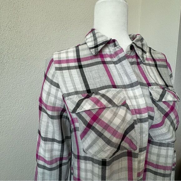 Vince Camuto Plaid Boyfriend Shirt Plaid High Low Long Sleeve SZ XS - Picture 5 of 14